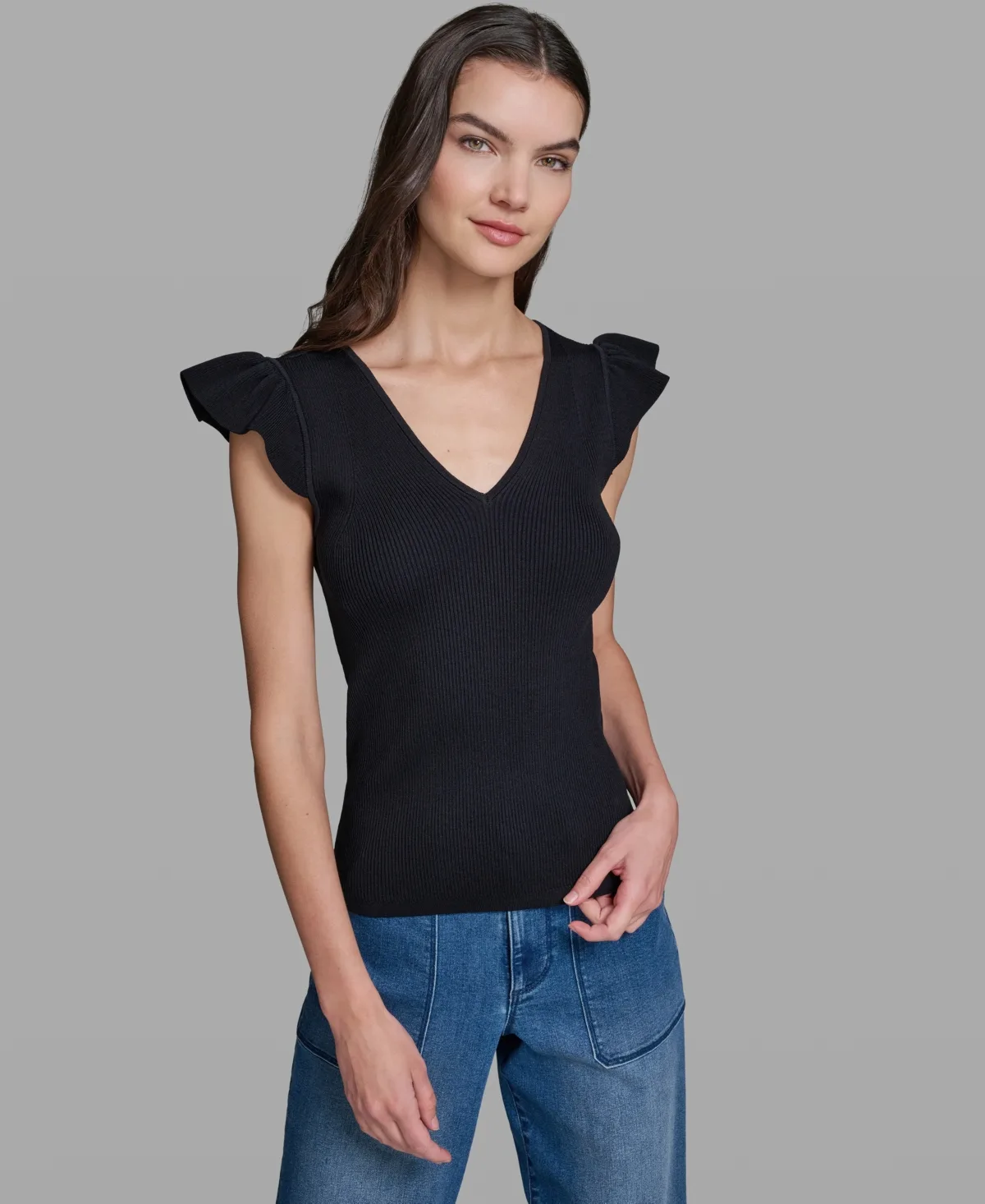 V-Neck Flutter Cap-Sleeve Sweater by Karl Lagerfeld Paris