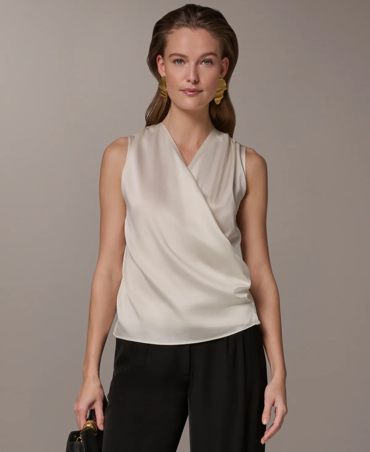 Short-Sleeve Draped Neck Blouse by Donna Karan New York