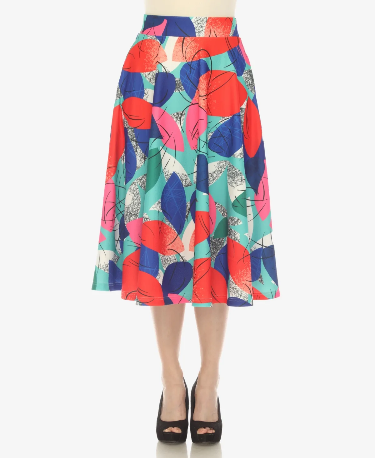 Leaf Print Vintage Flared Midi Skirt by White Mark