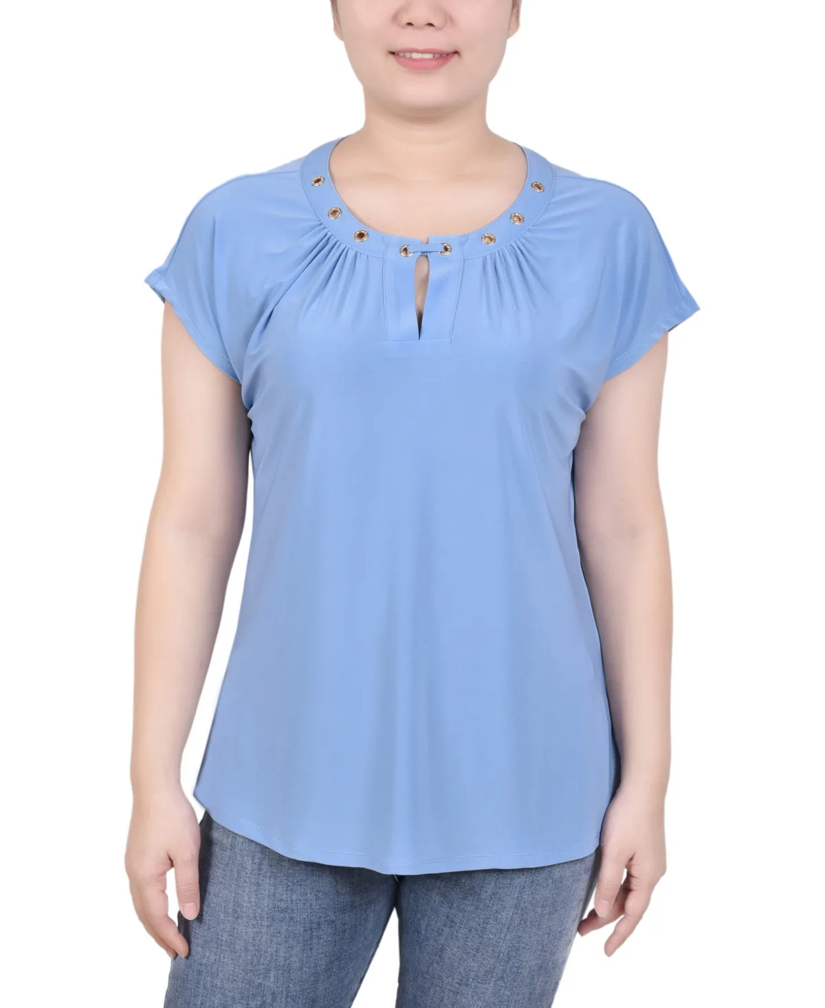 Short Extended-Sleeve Grommet Neck Knit Top by Ny Collection