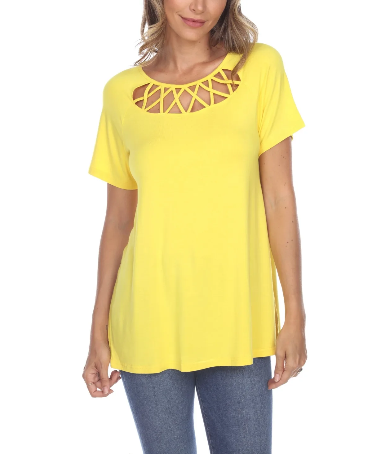 Crisscross Cutout Short Sleeve Top by White Mark