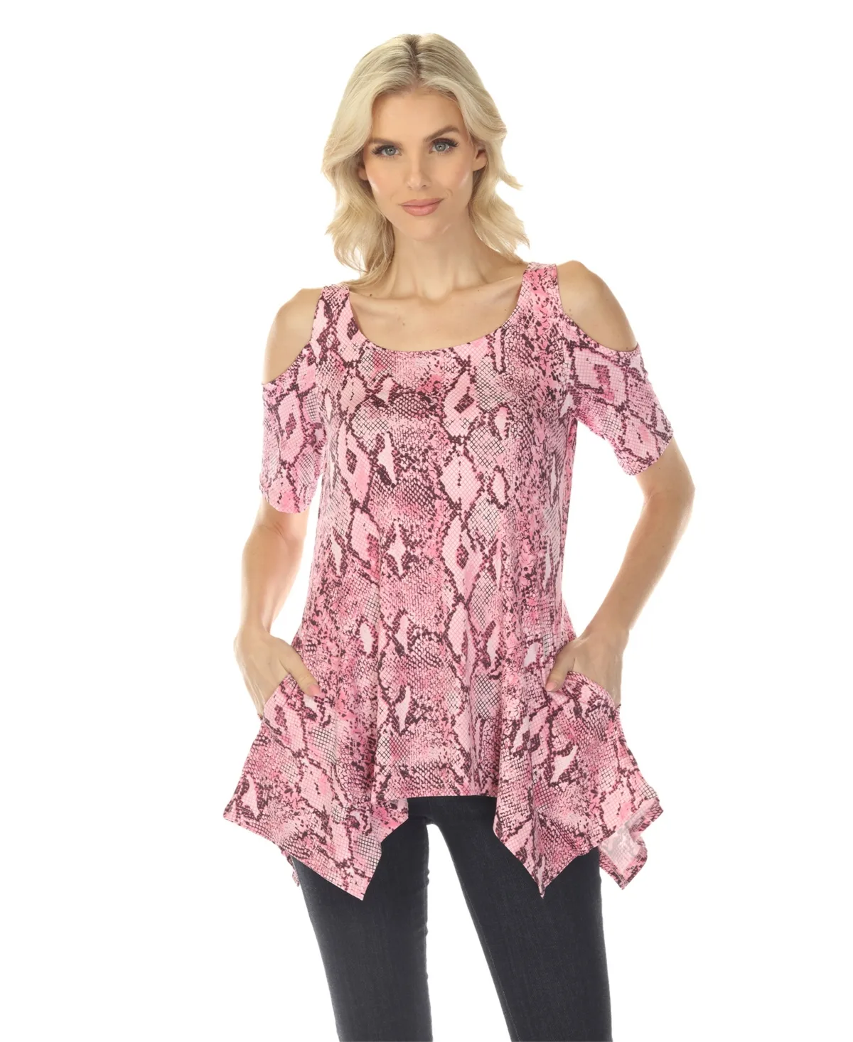 Cold Shoulder Snake Print Swing Top by White Mark