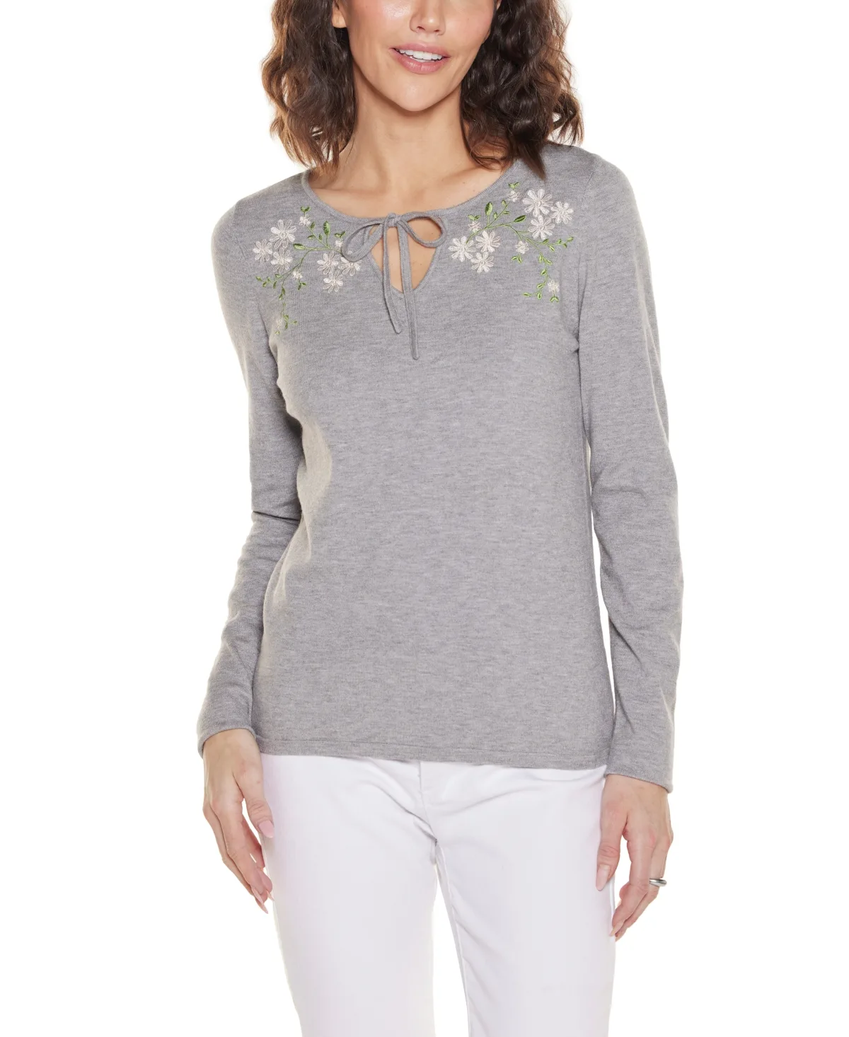 Embroidered Flower Split-Neck Sweater by Belldini