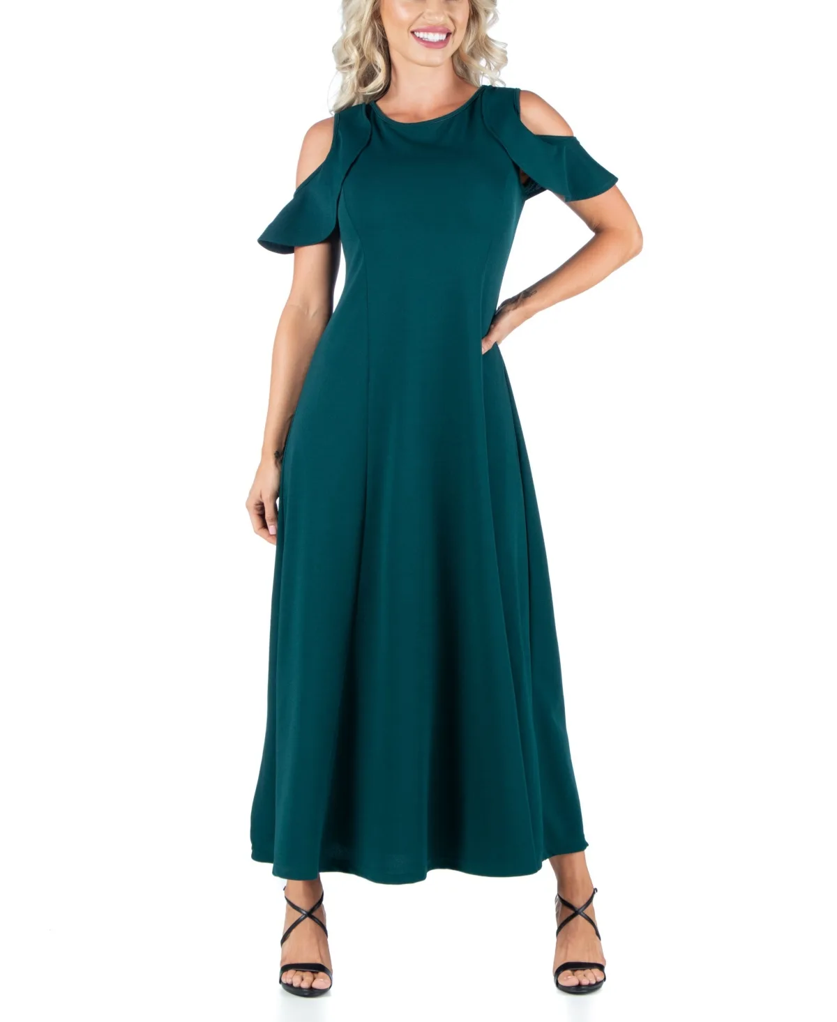 Ruffle Cold Shoulder a Line Maxi Dress by 24seven Comfort Apparel