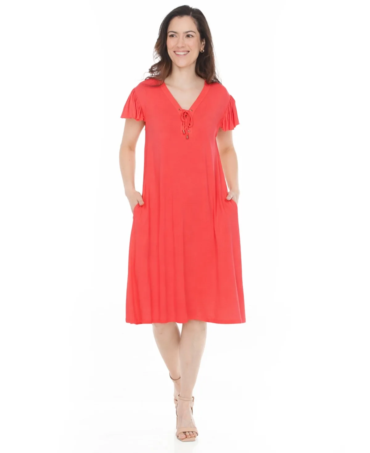 V-Neck Tie Front Flutter-Sleeve Shift Dress by White Mark