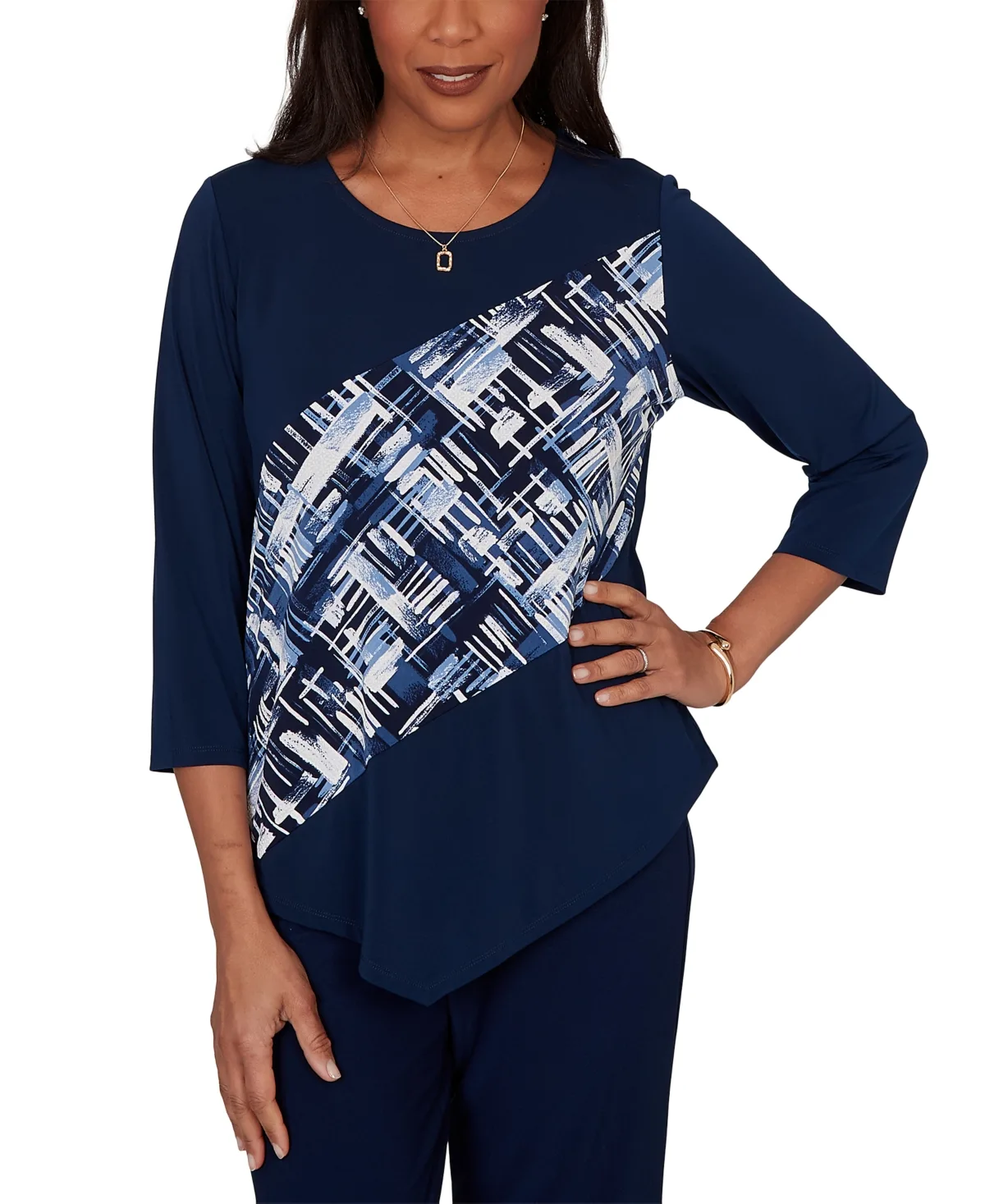 Etched Plaid Diagonal Puff Printed Top by Alfred Dunner