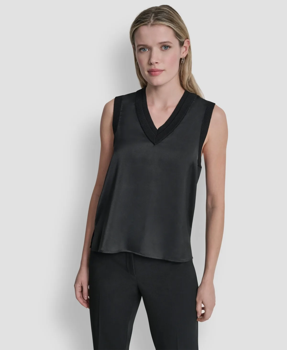 Mixed Media V-Neck Sleeveless Sweater by Dkny
