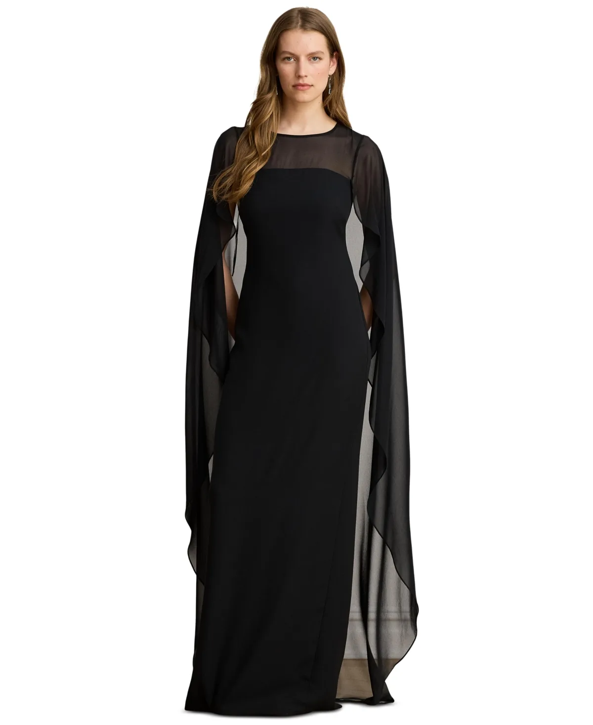 Round-Neck Cape-Overlay Georgette Ball Gown