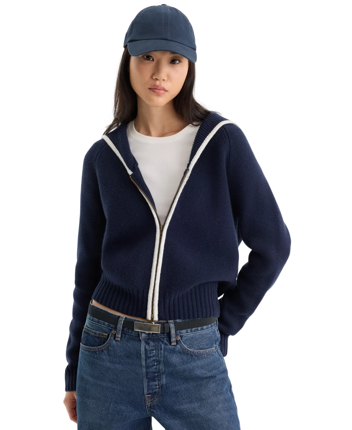 Knit Sailor Zip-Up Sweater by Good American