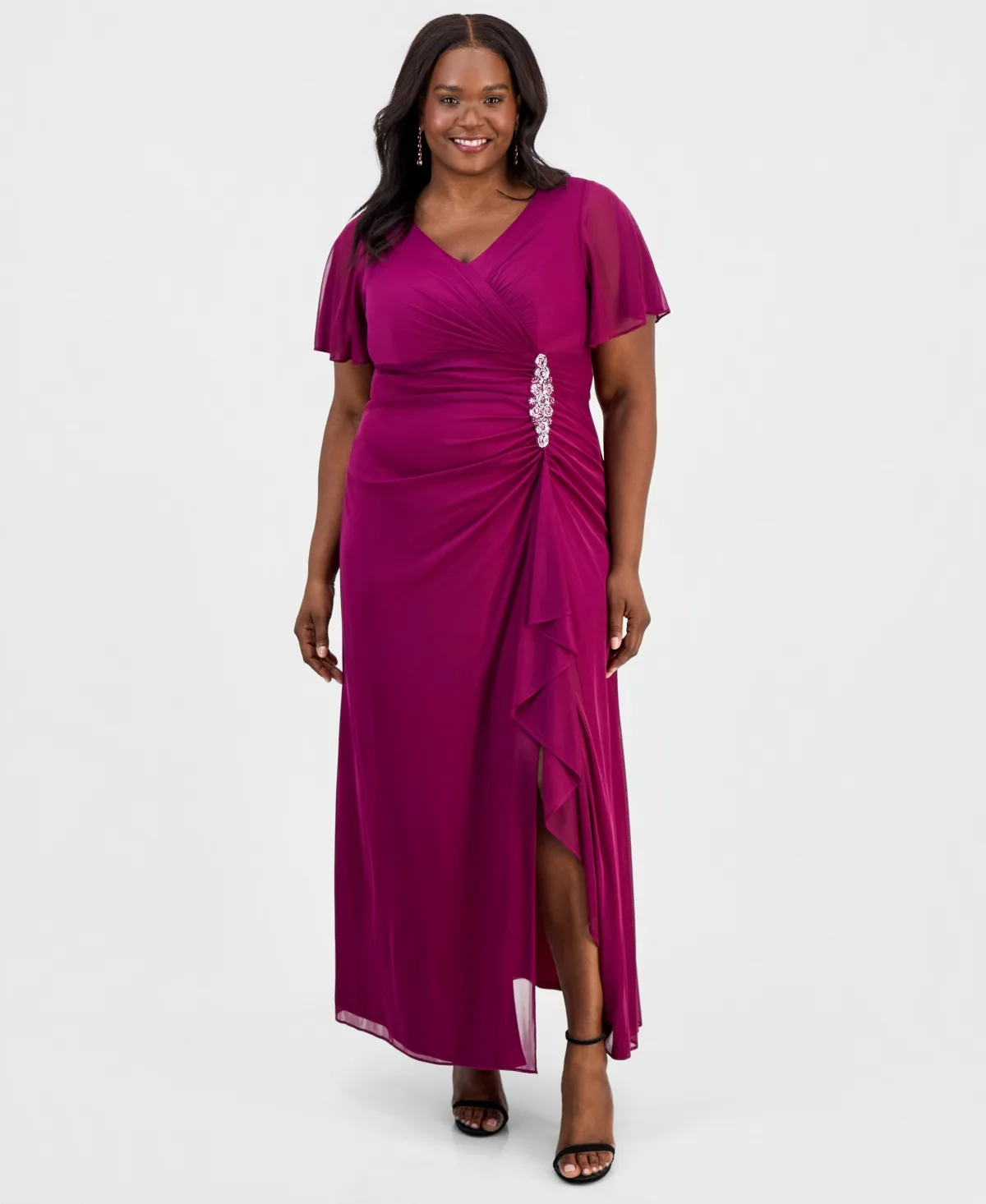 Flutter-Sleeve Embellished-Trim Gown