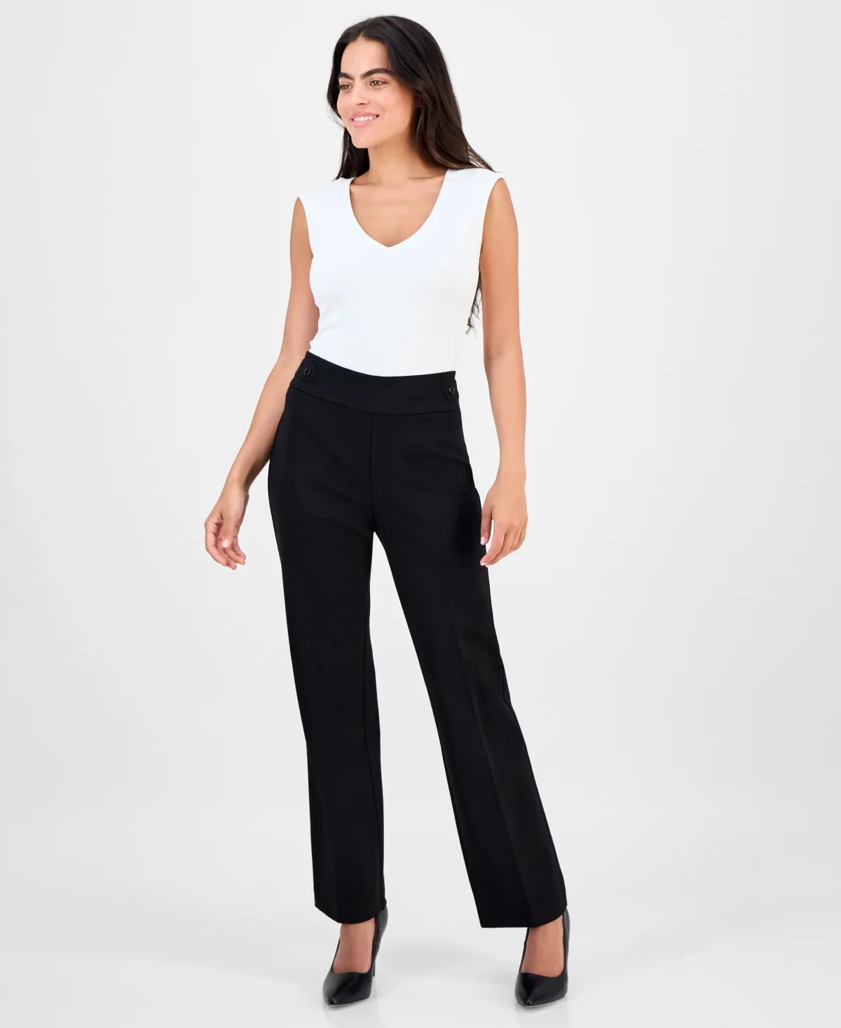 Mid-Rise Side-Tab Straight-Leg Pants by Anne Klein Essentials
