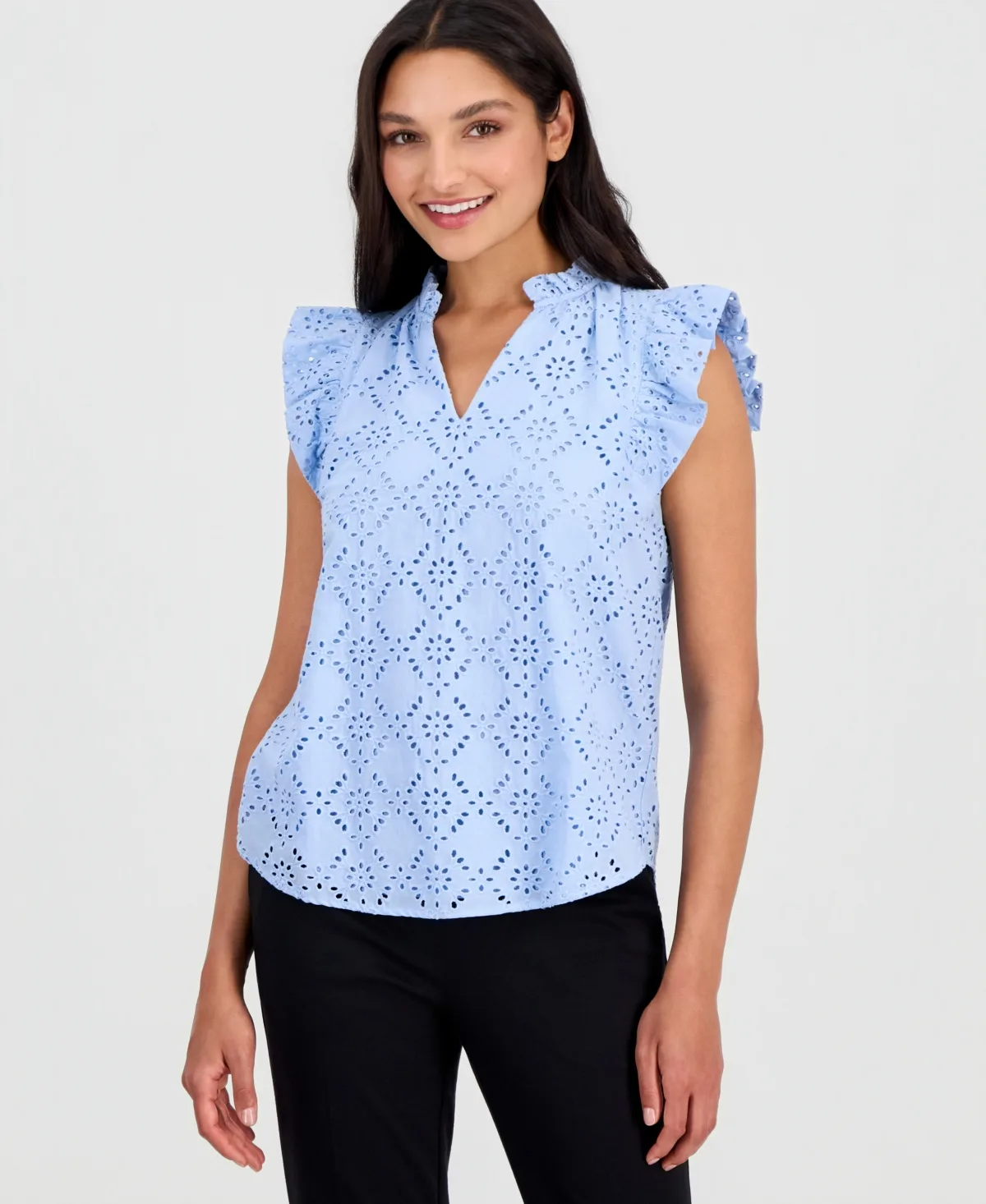 Flutter-Sleeve V-Neck Blouse by Anne Klein
