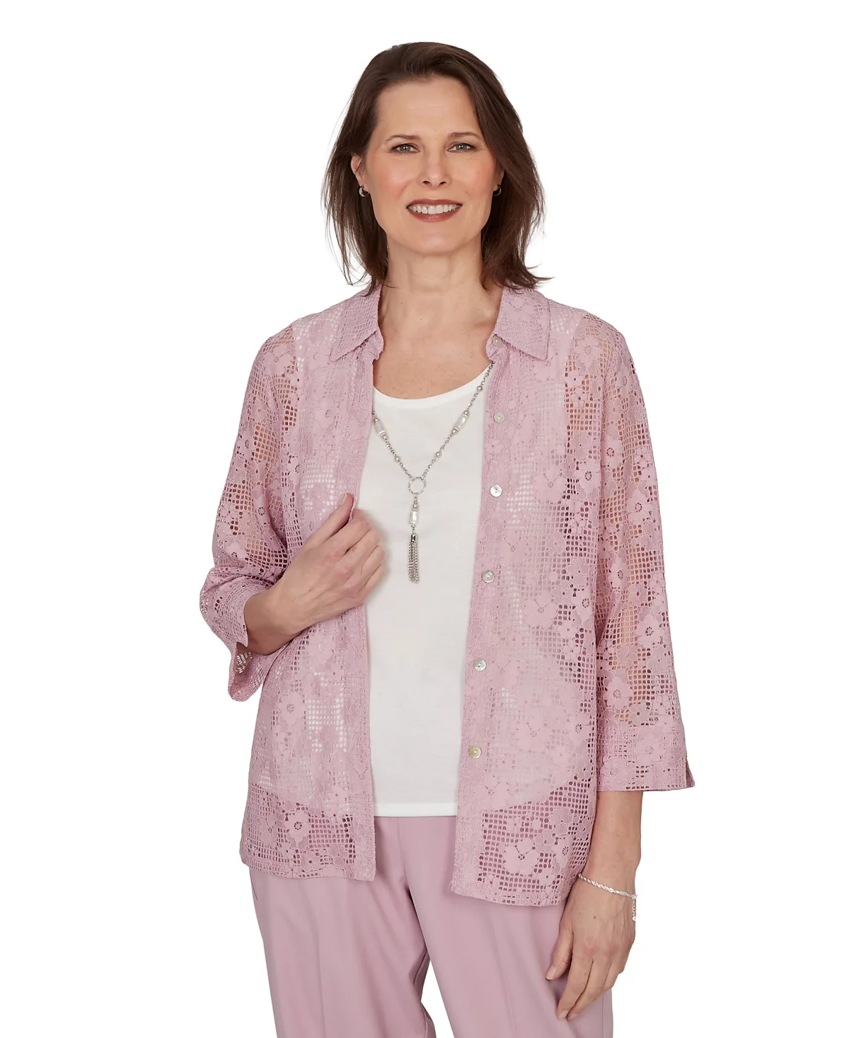 Charm Floral Lace Two-In-One Collared Top with Necklace by Alfred Dunner