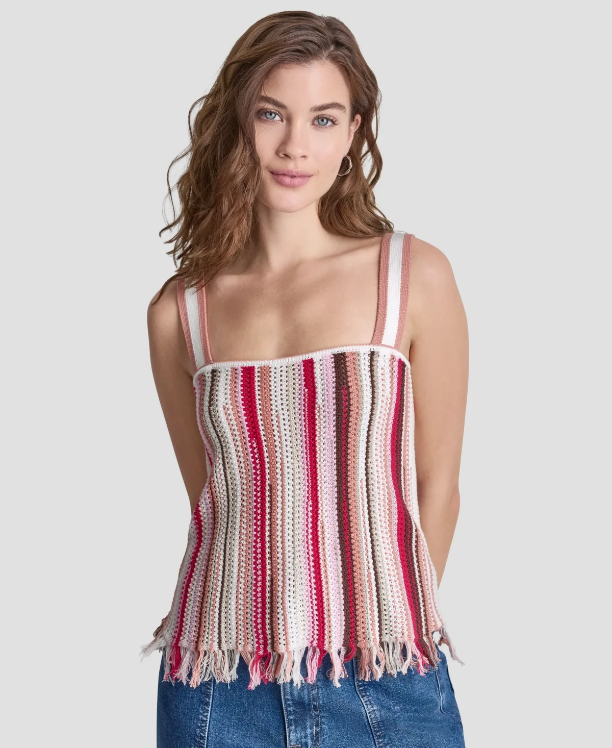Pointelle Stitch Striped Sleeveless Bandeau Tank Top