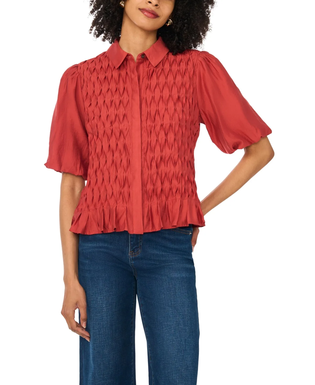 Collared Button-Front Bubble-Sleeve Blouse by Vince Camuto