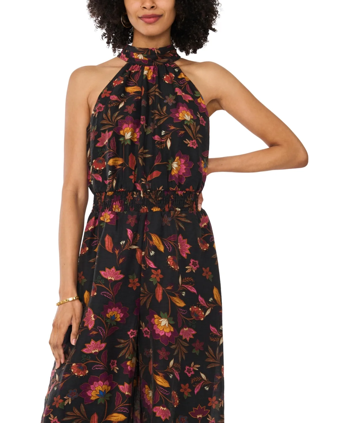 Printed Halter Neck Smocked-Waist Jumpsuit by Vince Camuto