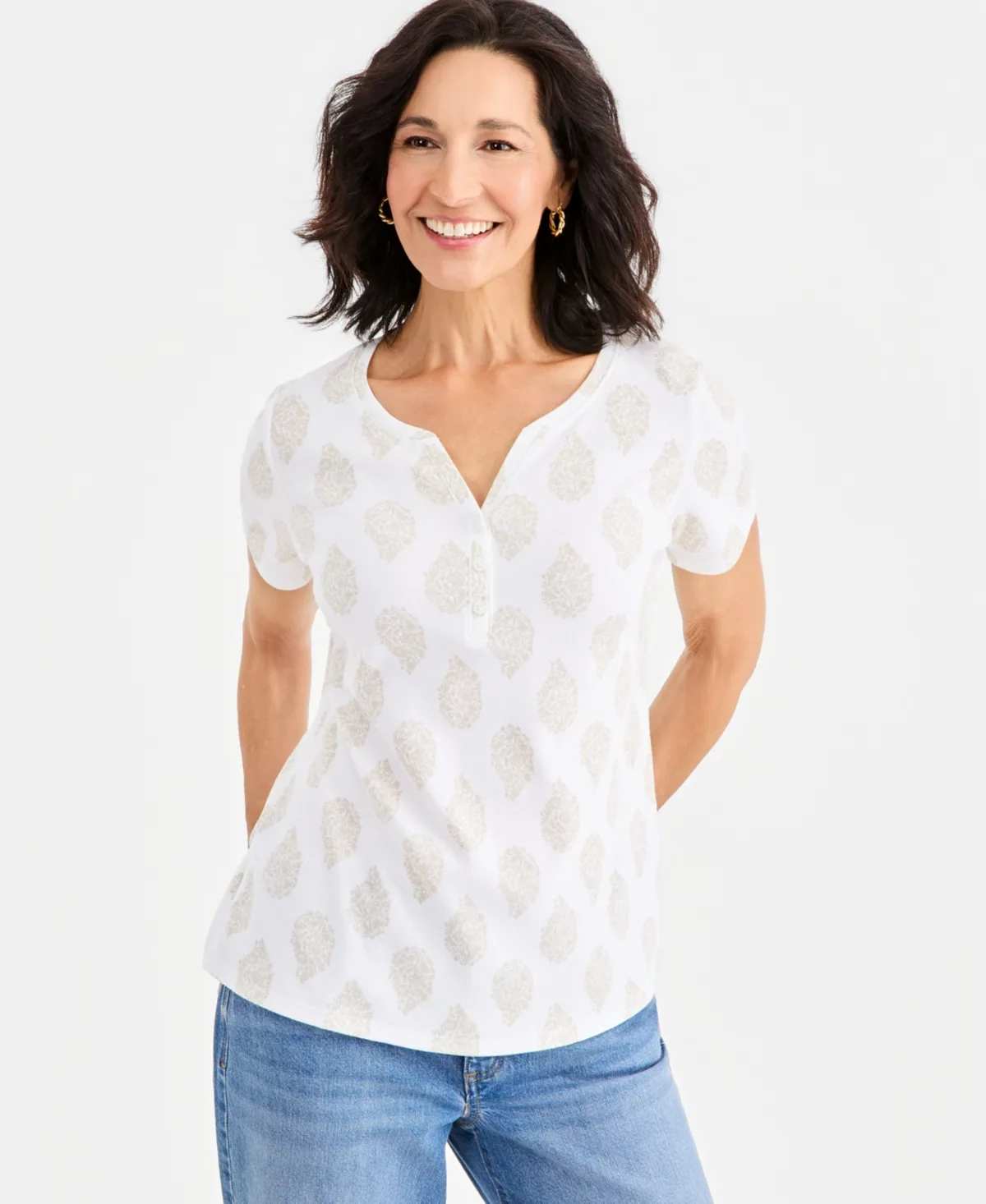 Printed Short-Sleeve Henley Top by Style & Co