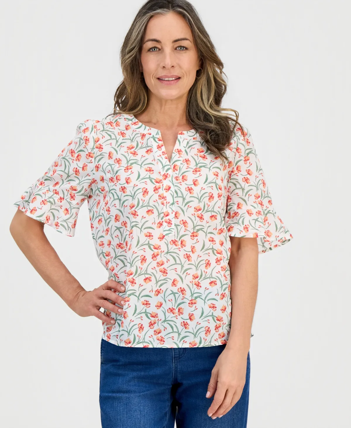 Printed Cotton Split-Neck Popover Top by Style & Co