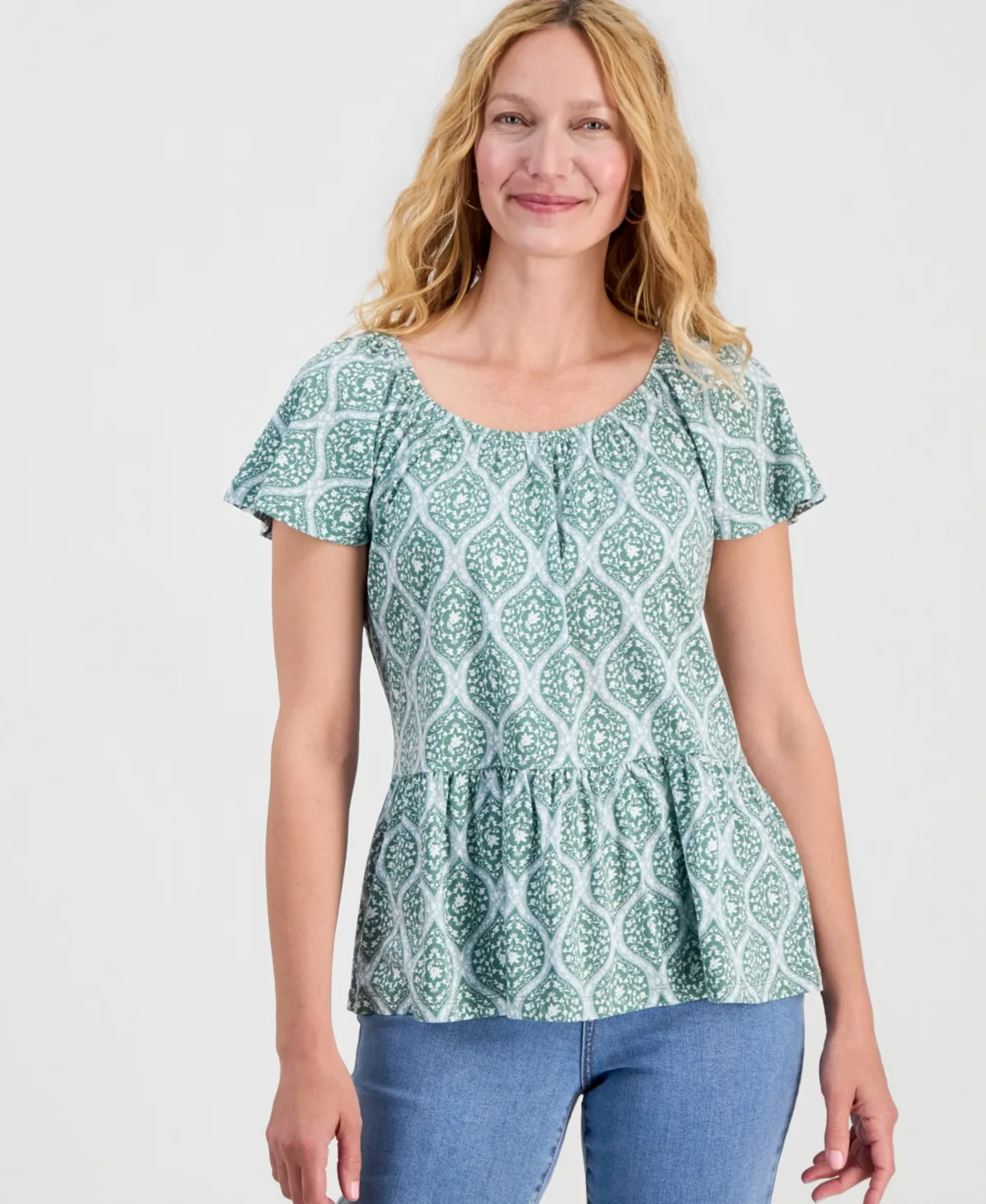 Cotton-Blend Ditsy Print Peplum Top by Style & Co