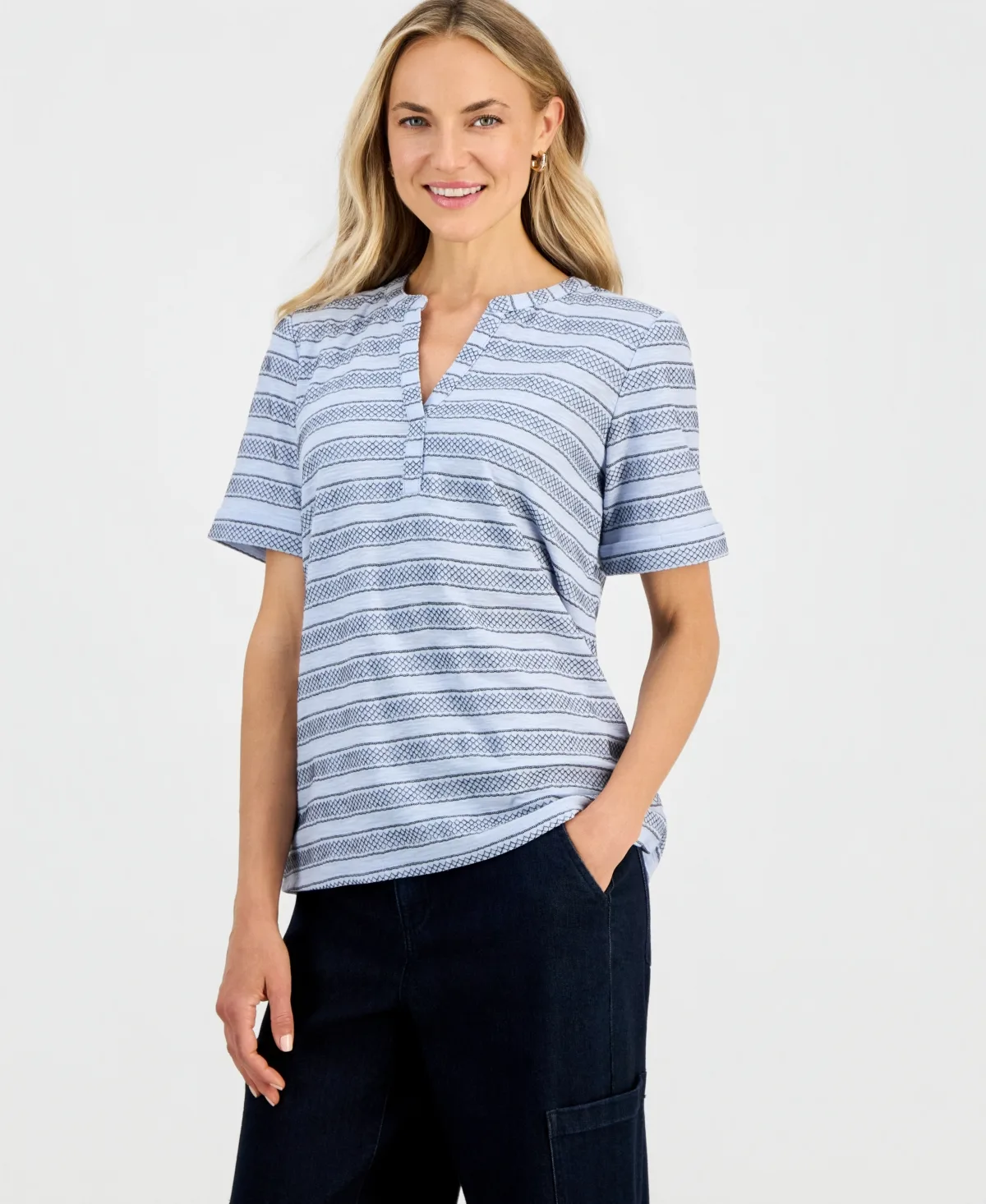 Striped Short-Sleeve Knit Top by Style & Co