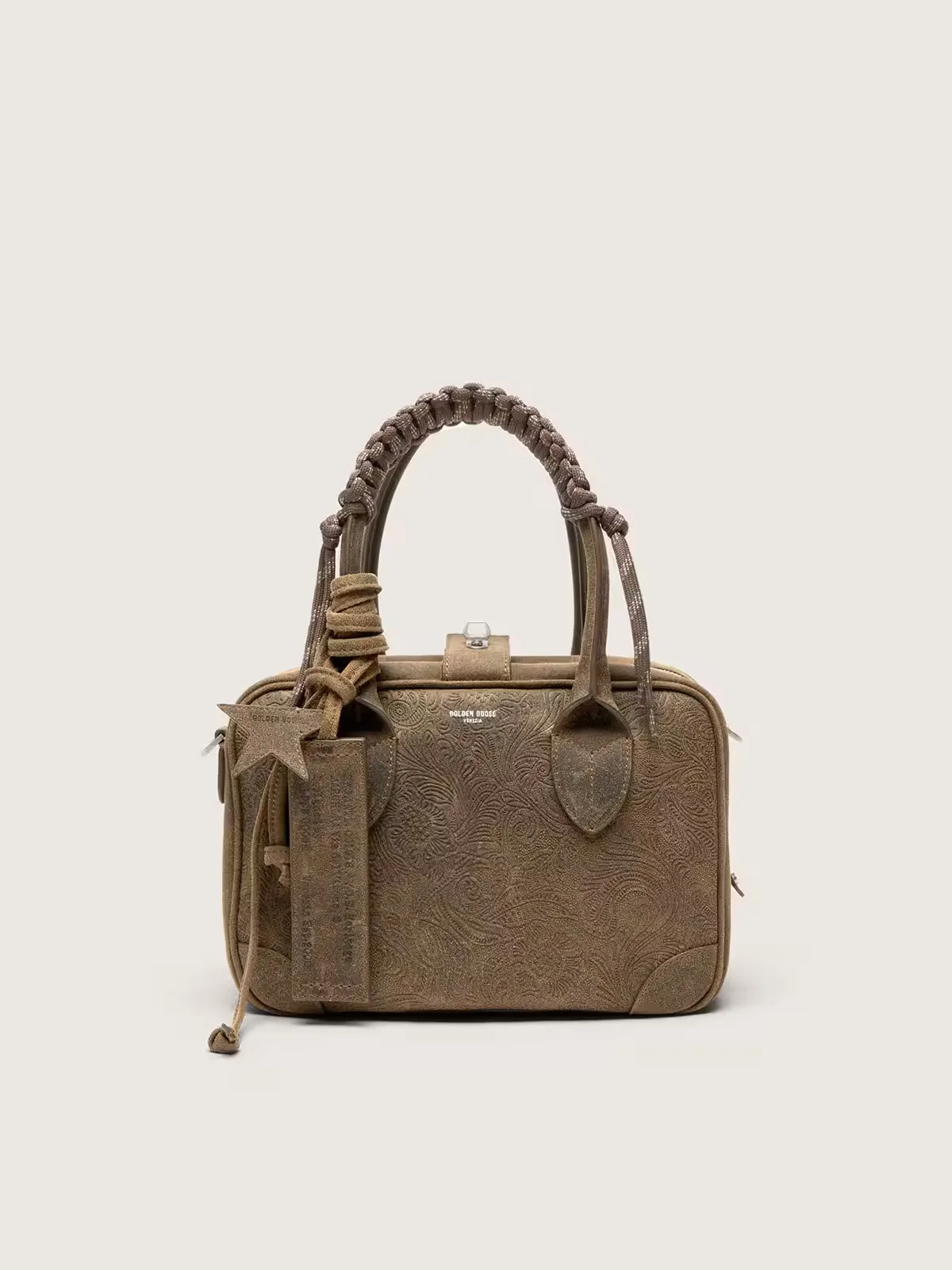 Vita Bag in Military-Green Suede with Raised Floral Motif and Silver Details by Golden Goose