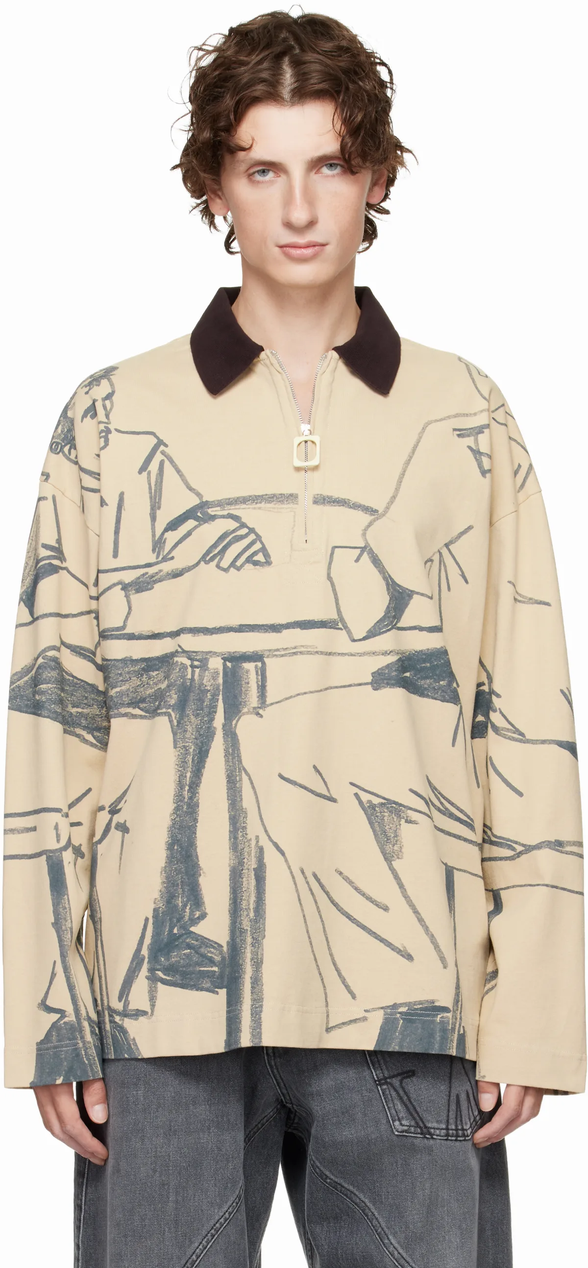 Beige Printed Rugby Polo