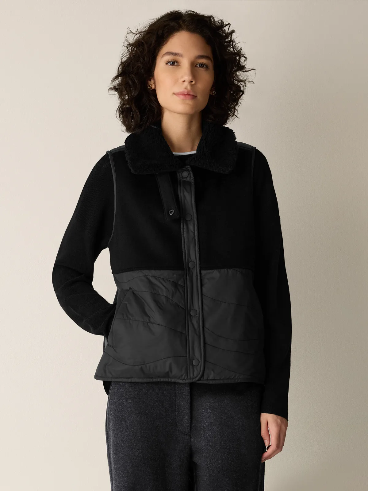 Eggshell Recycled Nylon Classic Collar Vest by EILEEN FISHER