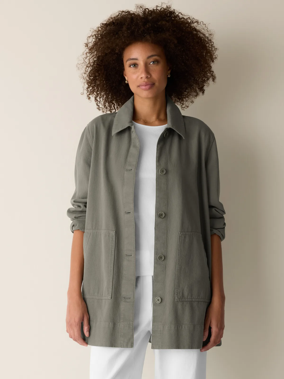 Garment-Dyed Utility Cotton Classic Collar Long Jacket by EILEEN FISHER