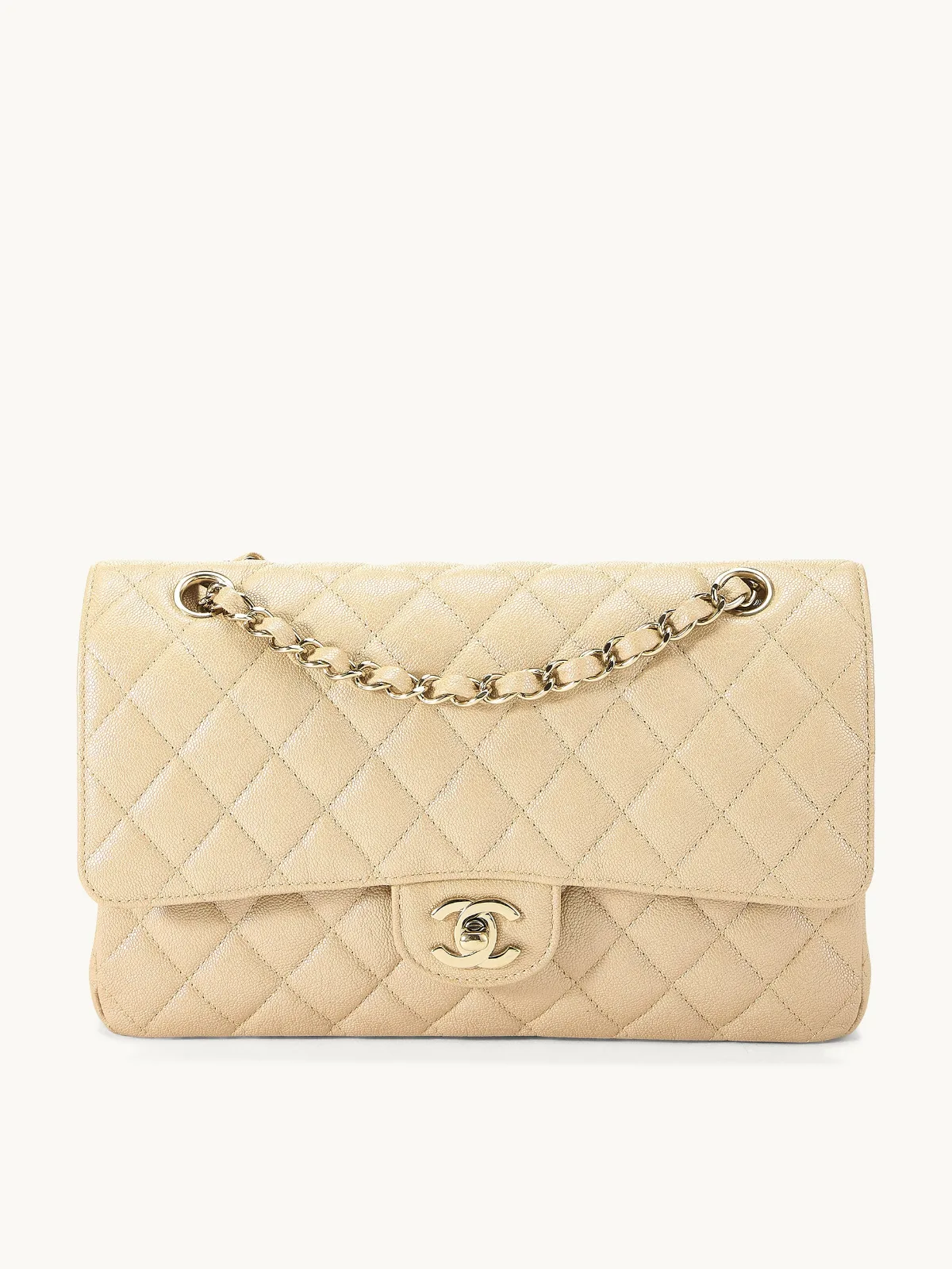 Chanel Iridescent Beige Caviar Leather 2.55 Double-Flap Bag by What Goes Around Comes Around