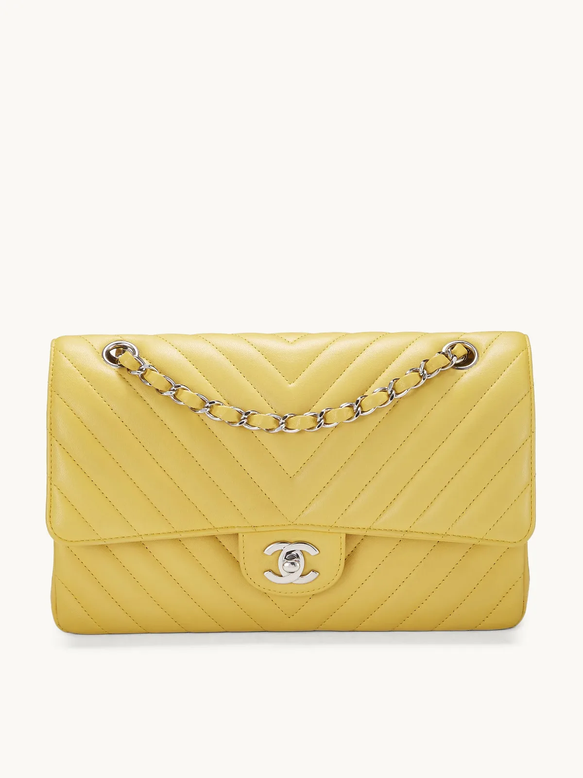 Chanel Yellow Chevron Lambskin Double-Flap 10" Bag by What Goes Around Comes Around