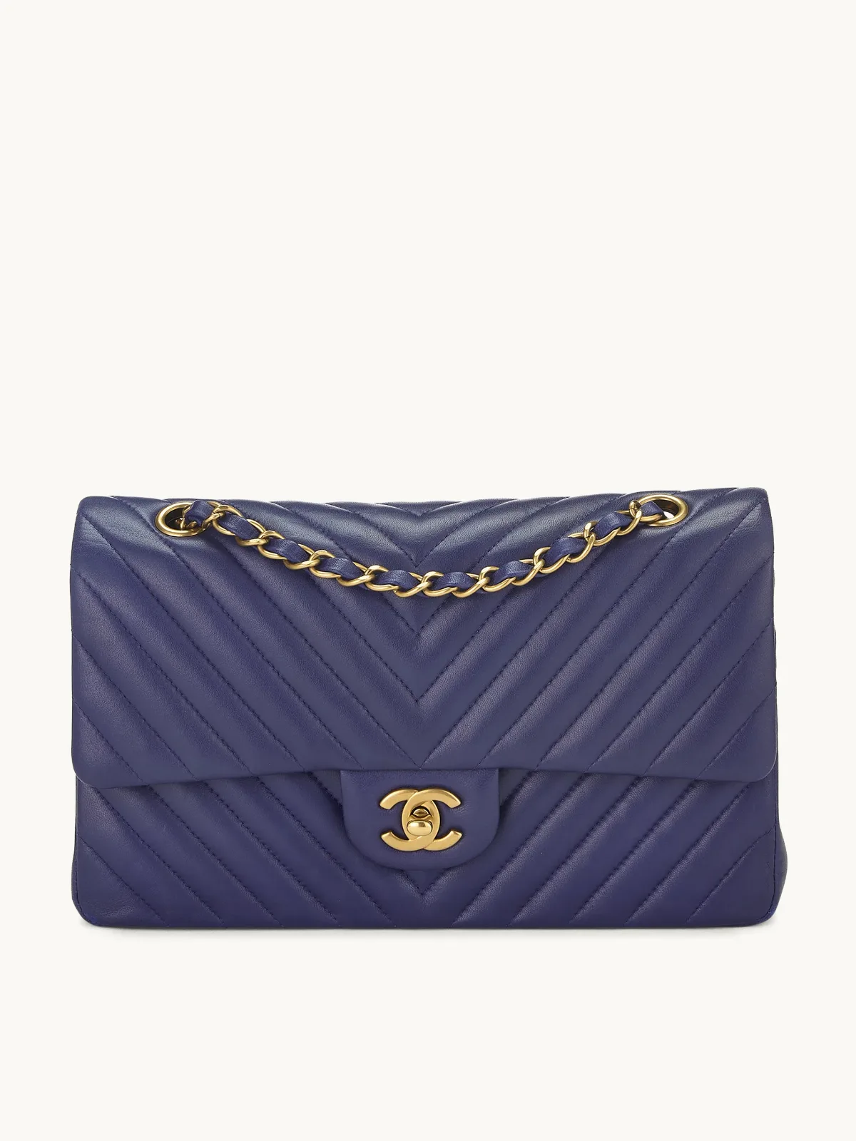 Chanel Navy Chevron Lambskin Double-Flap 10" Bag by What Goes Around Comes Around