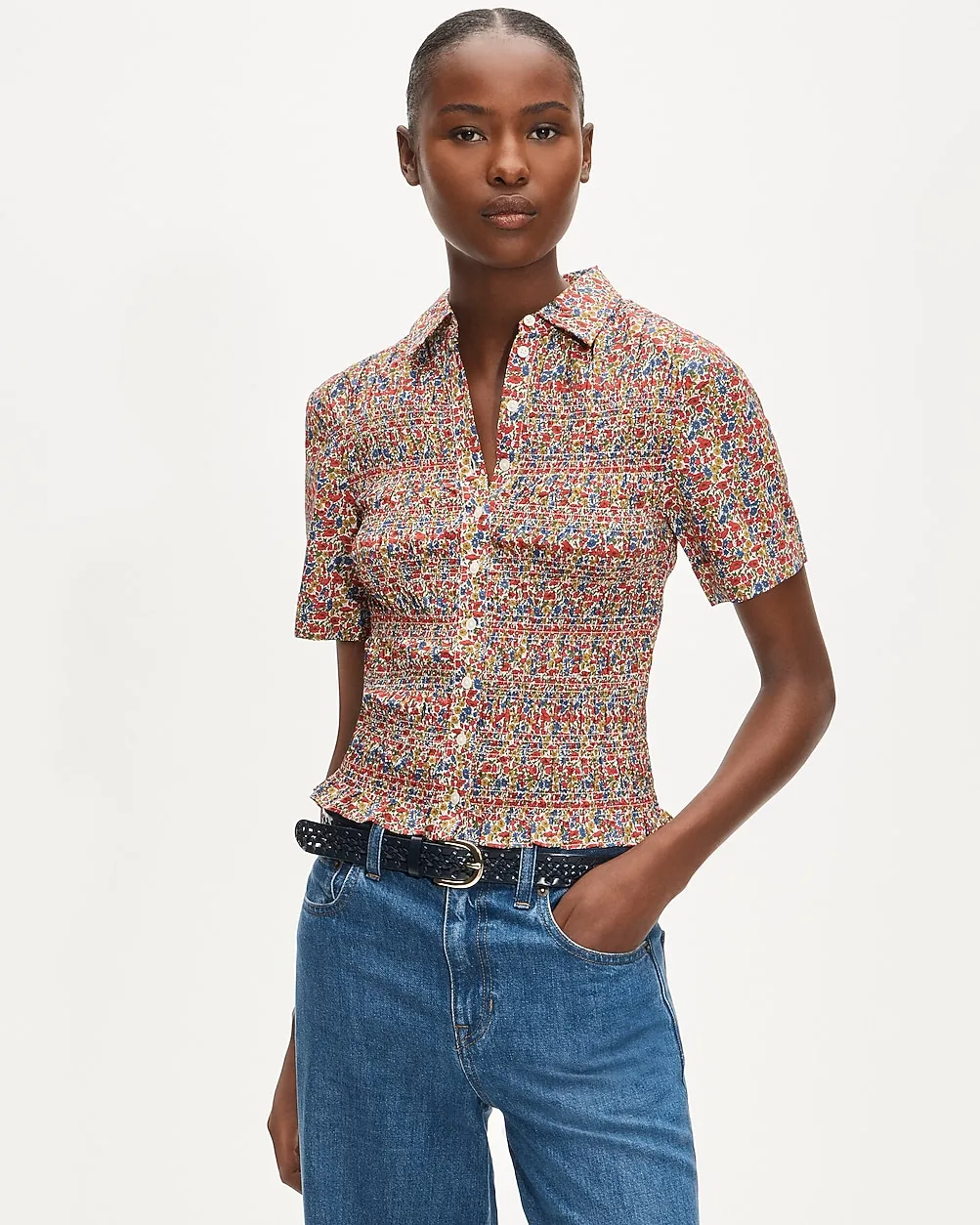 Smocked Short-Sleeve Button-Up Shirt in Liberty® Floral Fabric by J.Crew