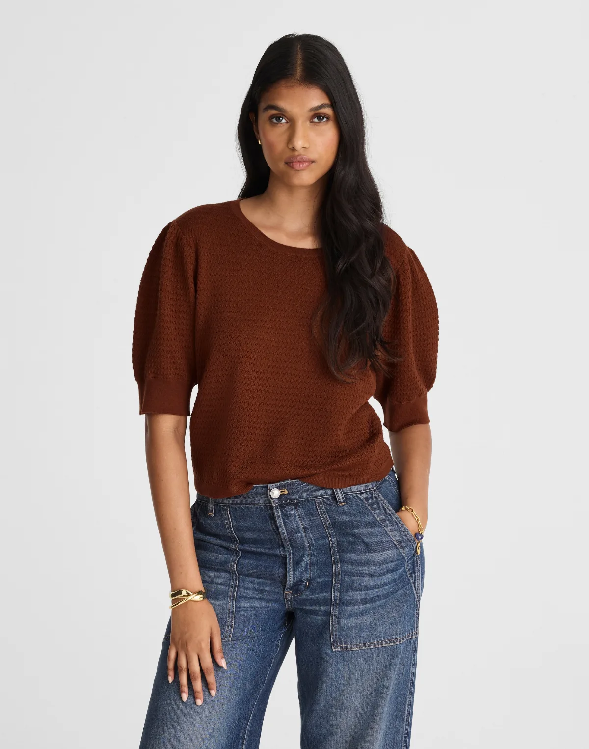 Merino Wool-Silk Blend Puff-Sleeve Sweater Tee by MW