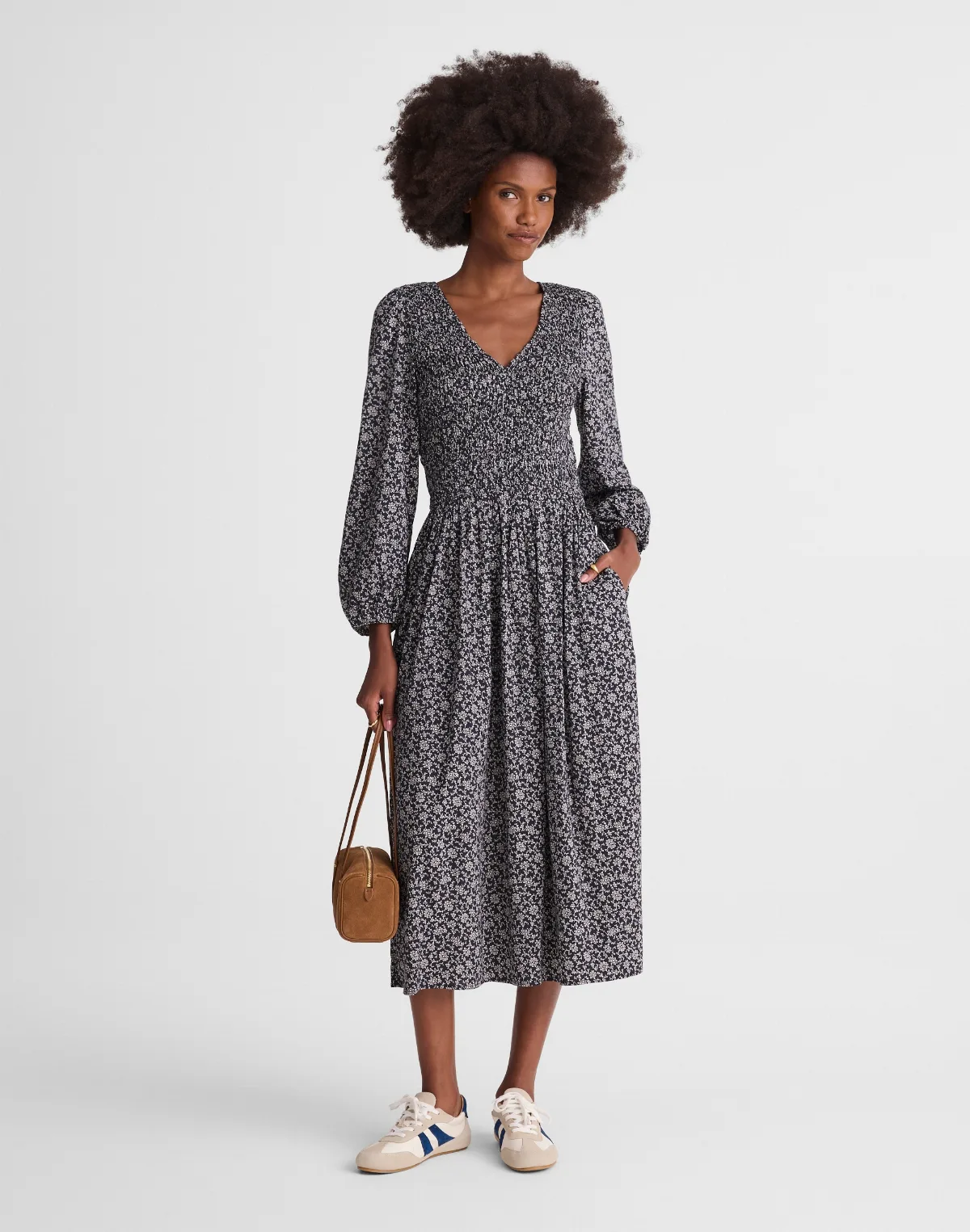 Smocked V-Neck Midi Dress by MW