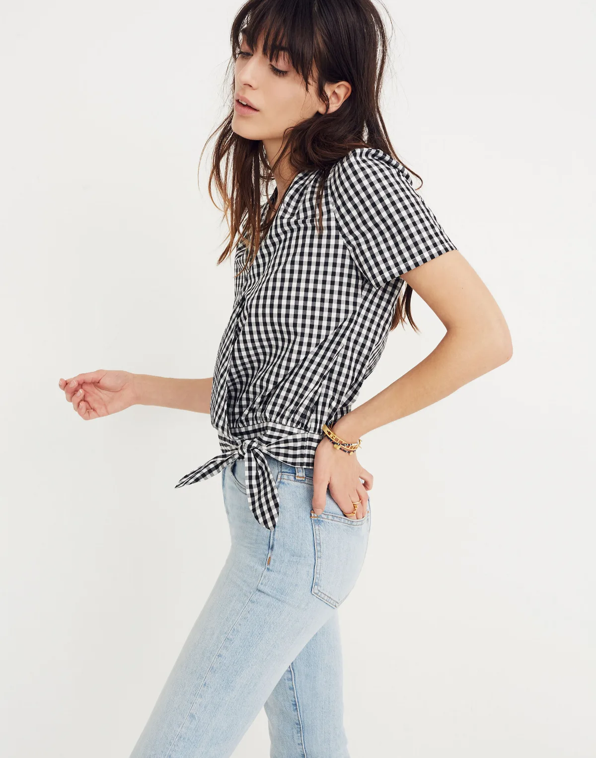 Short-Sleeve Wrap Top in Gingham Check by MW