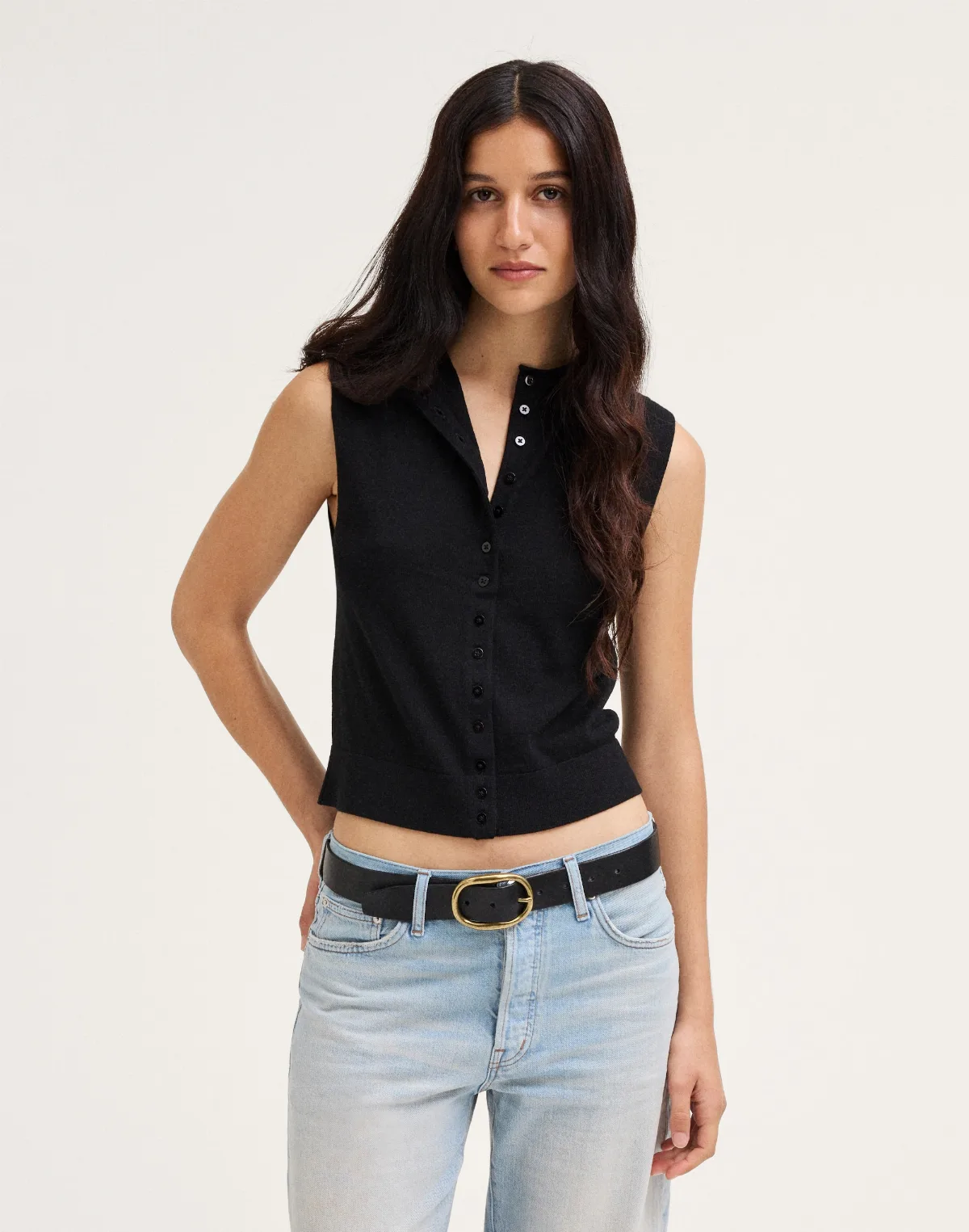 Button-Front Sleeveless Cardigan