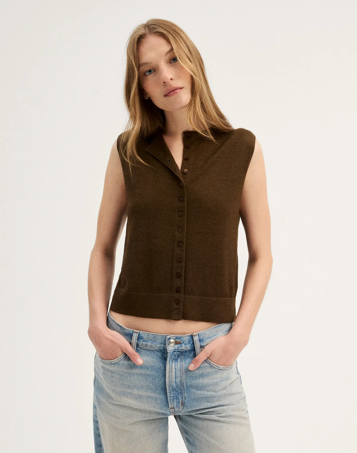 Button-Front Sleeveless Cardigan