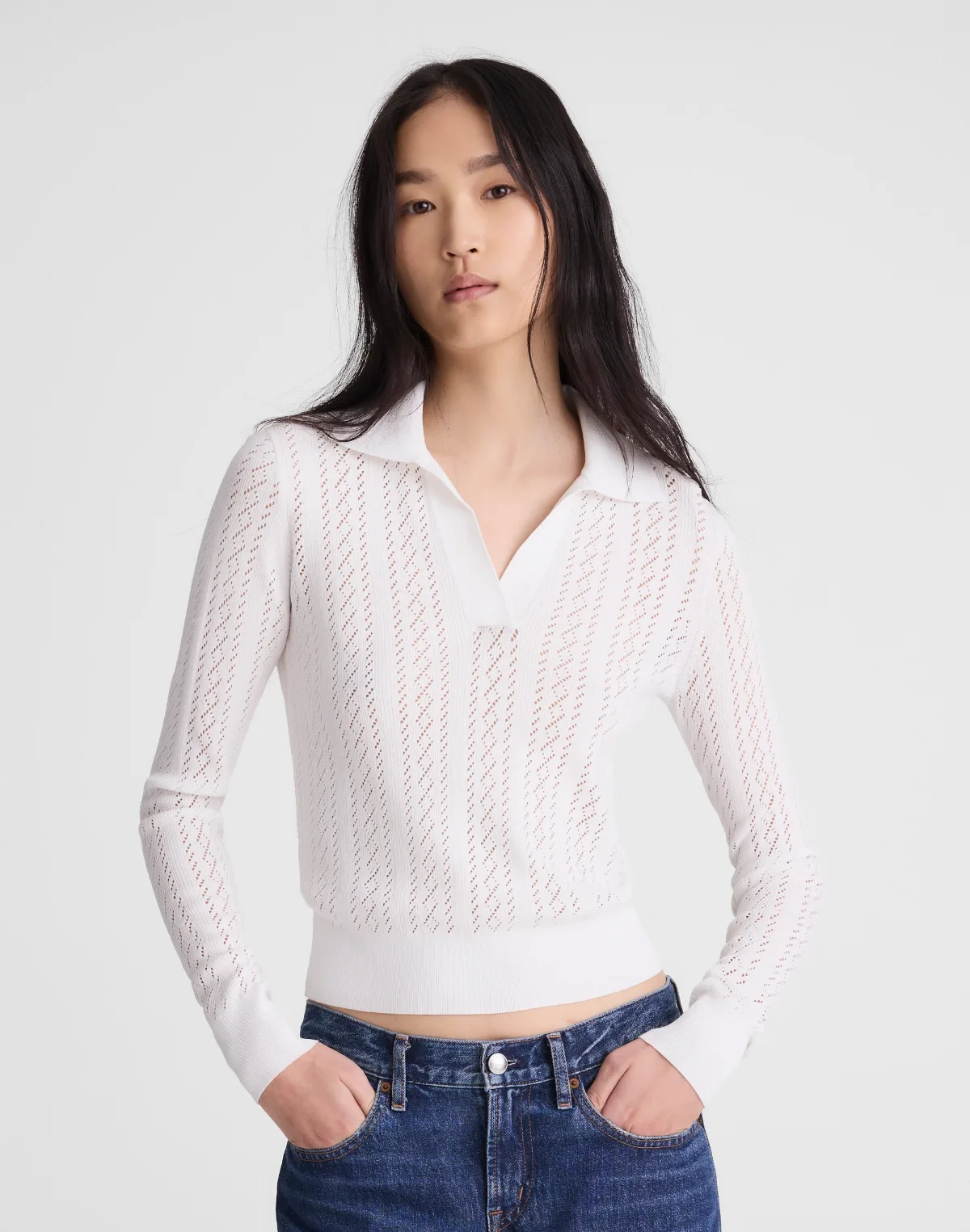Pointelle-Stitch Polo Sweater by MW