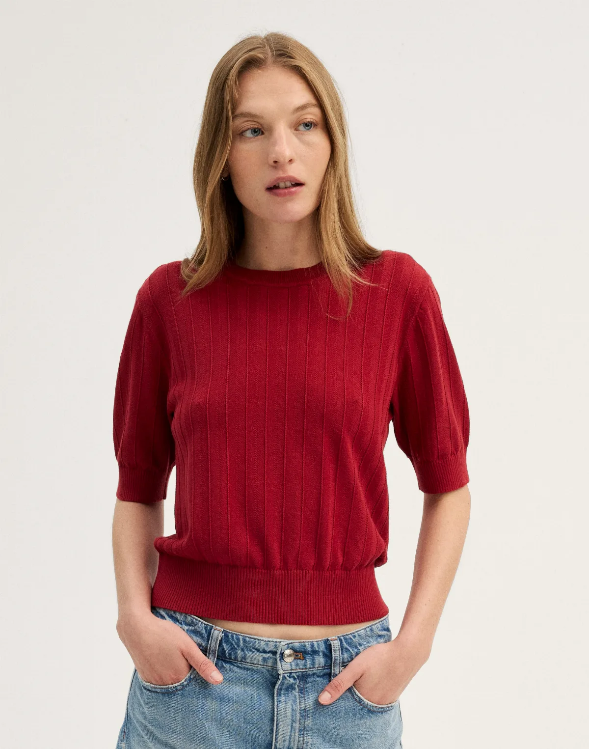 Pointelle-Stitch Crewneck Sweater Tee