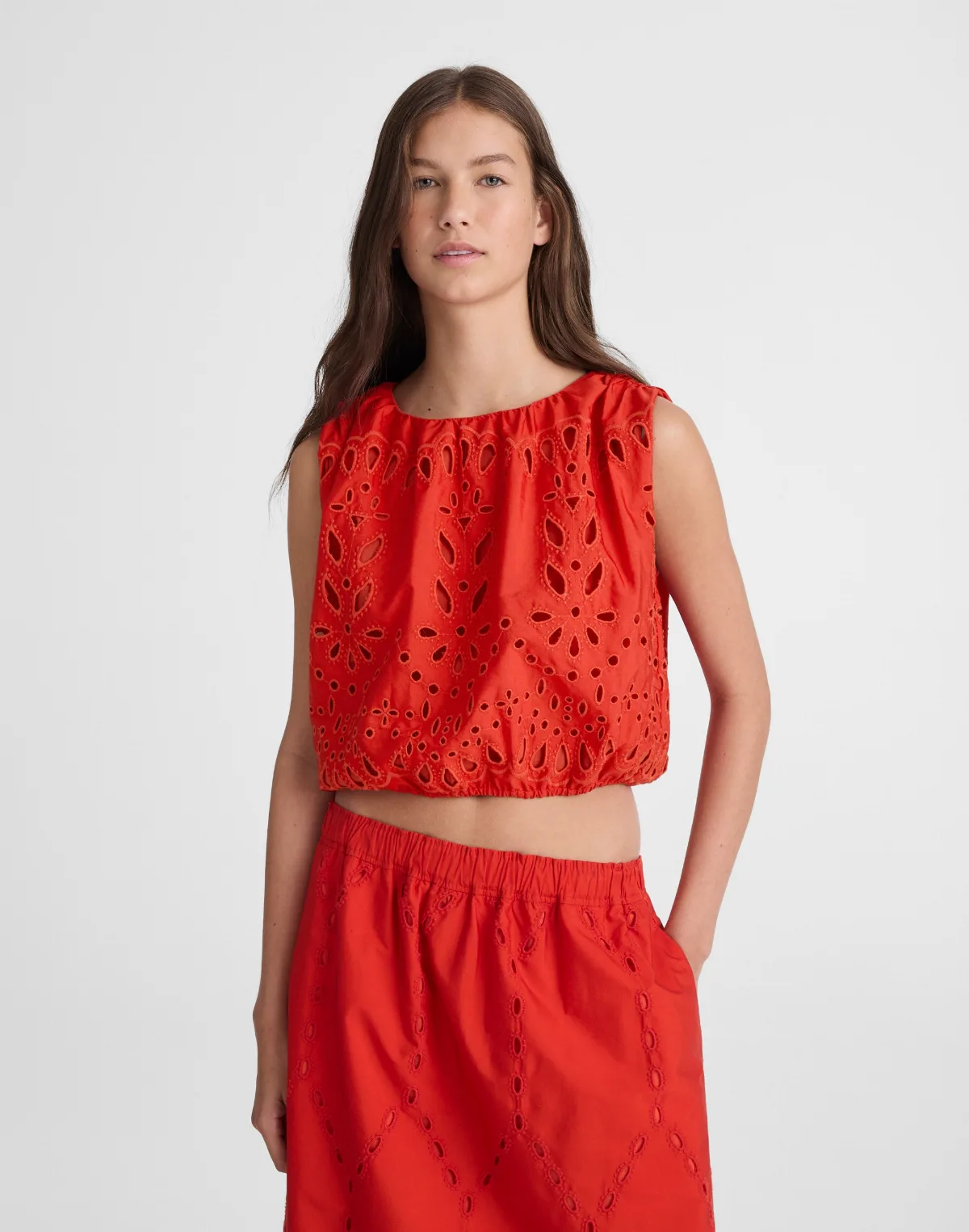 Embroidered Sleeveless Bubble Top in Poplin