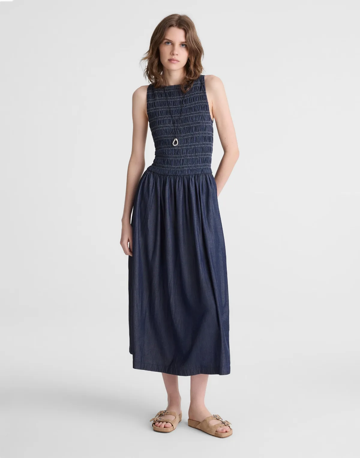 Denim Smocked Boatneck Midi Dress by MW
