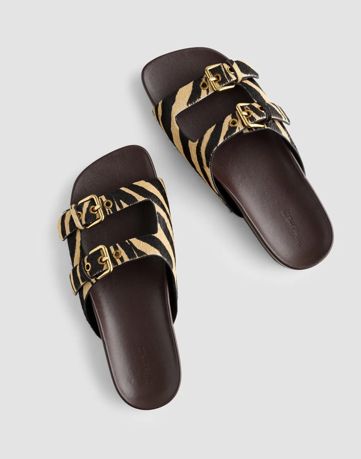 The Cambrea Double-Buckle Sandal in Zebra-Print Calf Hair by MW