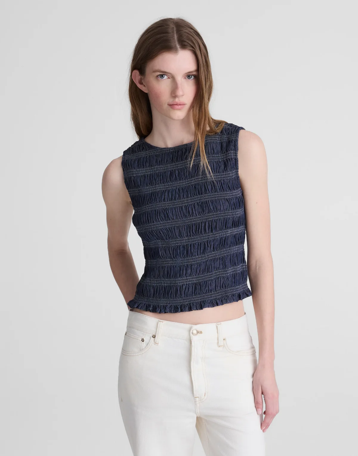 Denim Smocked Boatneck Tank by MW