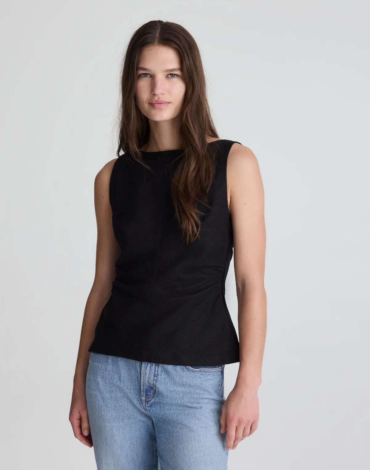 Cinched Boatneck Sleeveless Top in 100% Linen by MW