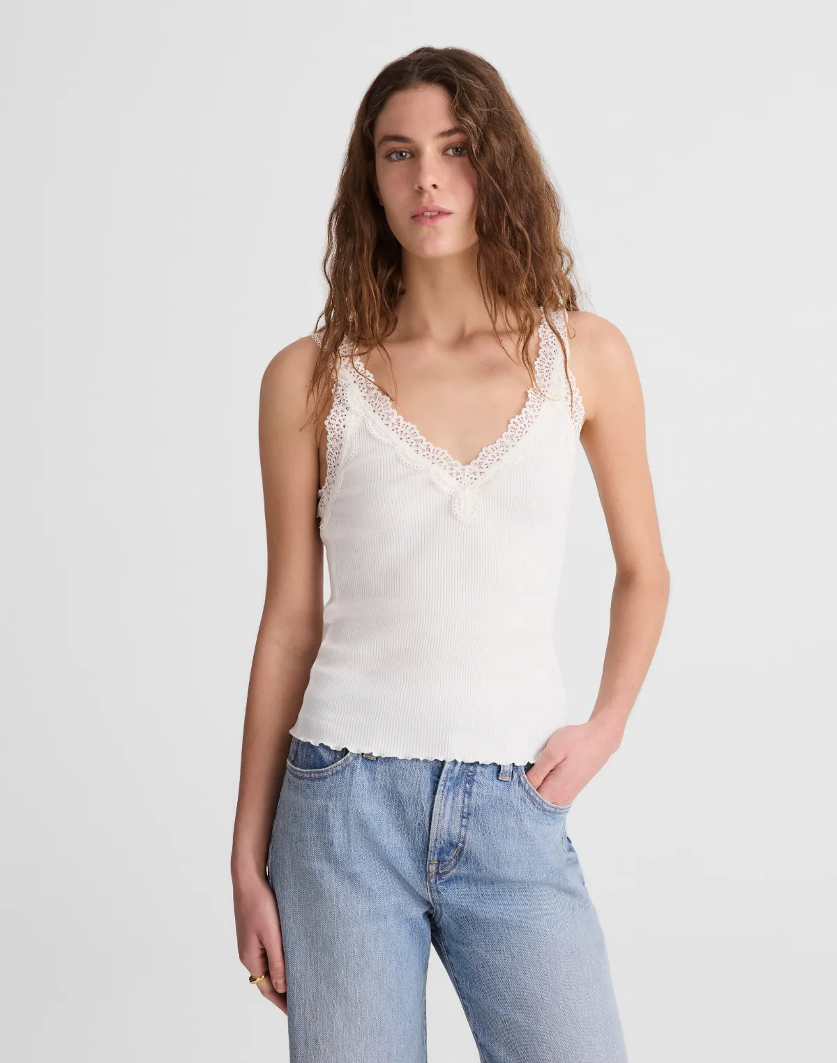 Lace-Trim Ribbed V-Neck Tank by MW