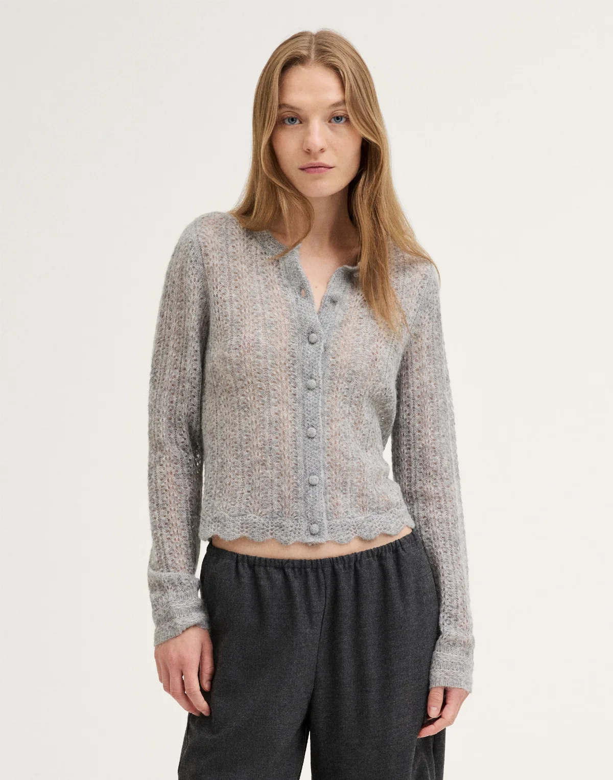 Pointelle-Stitch Cardigan in Alpaca Blend