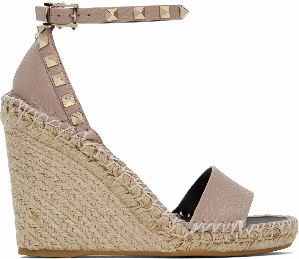 Pink Double Rockstud Grainy Calfskin Heeled Sandals