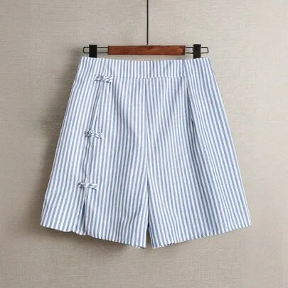 Cotton Linen Elastic Waist Round Hemline Slit Chinese Knot Decor Button Shorts by EMERY ROSE
