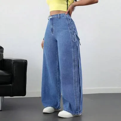 Loose Fit Casual Denim Jeans with Tie Bow Detail High Waisted by SHEIN