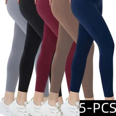 5-Pack High Waist Buttery Soft Elastic Athletic Leggings with Side Pockets by SHEIN